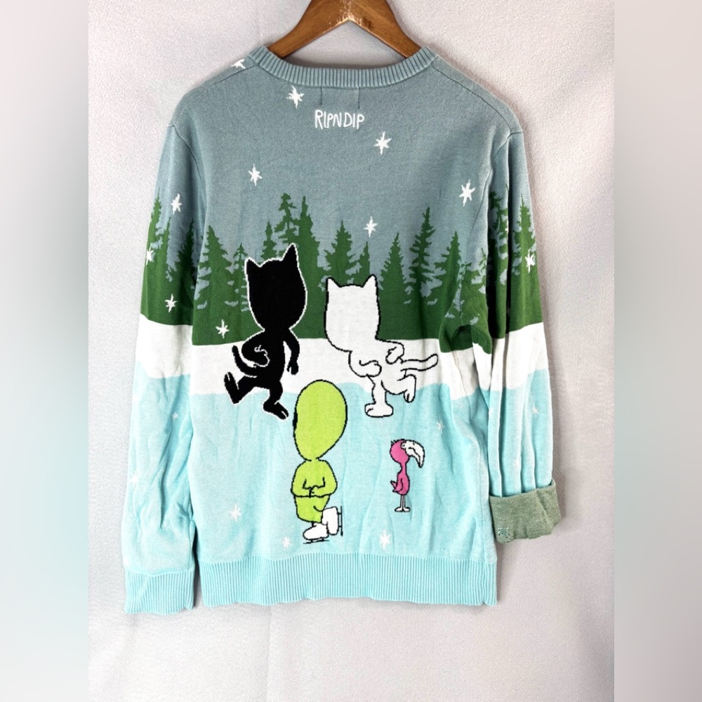 Ripndip M Ice Rink Blue and Green Sweater with Cats and Alien - Picture 3 of 7